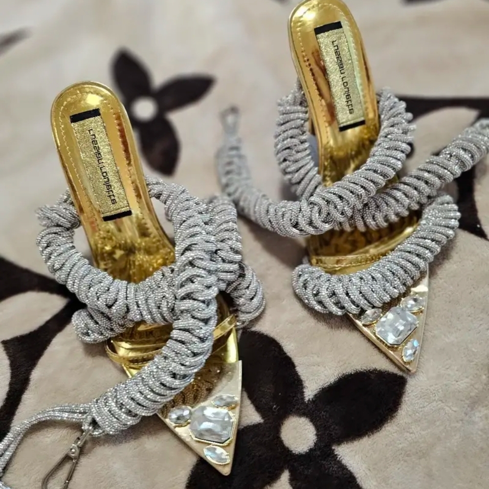 Gold and Silver Heeled Sandals with Rhinestones